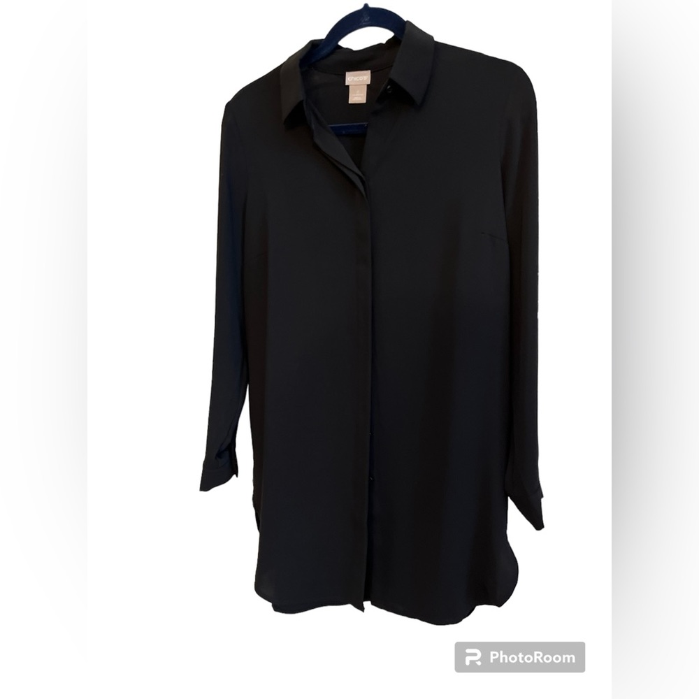Chico long black front button blouse.  Size 0